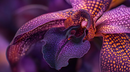 A close-up of Zygopetalum orchid with its intricate patterns and rich purple huesの素材
