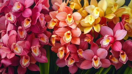 A vibrant display of Cymbidium orchids, with their large blooms in shades of pink and yellowの素材