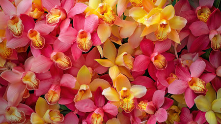 A vibrant display of Cymbidium orchids, with their large blooms in shades of pink and yellowの素材