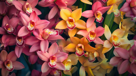 A vibrant display of Cymbidium orchids, with their large blooms in shades of pink and yellowの素材