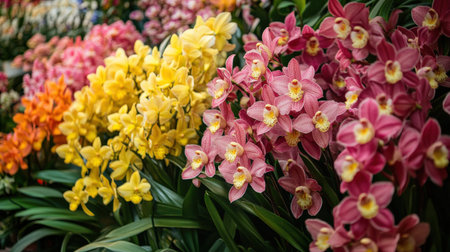 A vibrant display of Cymbidium orchids, with their large blooms in shades of pink and yellowの素材