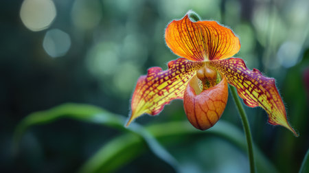 A close-up of Paphiopedilum orchid, commonly called the Lady's Slipper, with its unique pouch-shaped bloomの素材
