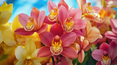 A vibrant display of Cymbidium orchids, with their large blooms in shades of pink and yellowの素材
