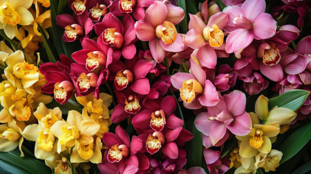 A vibrant display of Cymbidium orchids, with their large blooms in shades of pink and yellowの素材