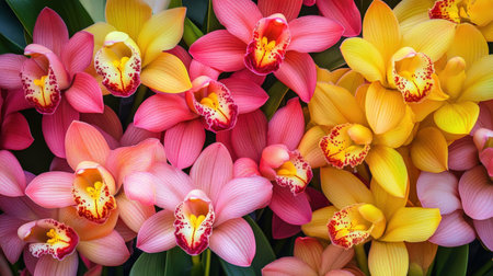 A vibrant display of Cymbidium orchids, with their large blooms in shades of pink and yellowの素材