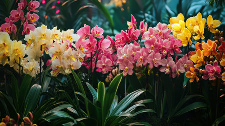 A vibrant display of Cymbidium orchids, with their large blooms in shades of pink and yellowの素材