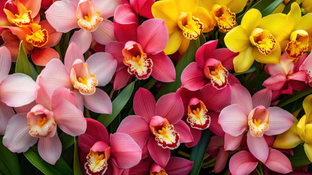A vibrant display of Cymbidium orchids, with their large blooms in shades of pink and yellowの素材