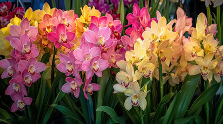 A vibrant display of Cymbidium orchids, with their large blooms in shades of pink and yellowの素材