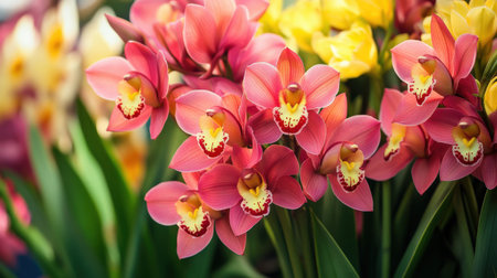 A vibrant display of Cymbidium orchids, with their large blooms in shades of pink and yellowの素材
