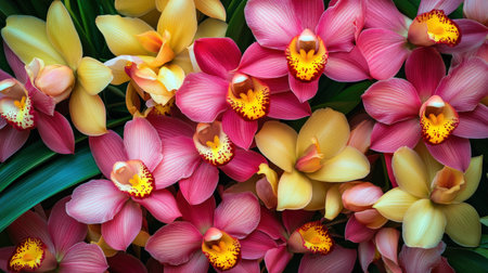 A vibrant display of Cymbidium orchids, with their large blooms in shades of pink and yellowの素材