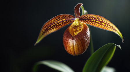 A close-up of Paphiopedilum orchid, commonly called the Lady's Slipper, with its unique pouch-shaped bloomの素材