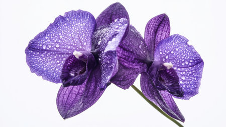 A single Vanda orchid in rich purple tones, suspended against a white backgroundの素材