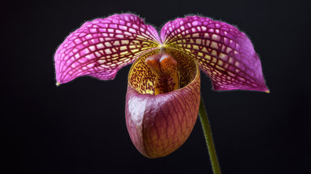 A close-up of Paphiopedilum orchid, commonly called the Lady's Slipper, with its unique pouch-shaped bloomの素材