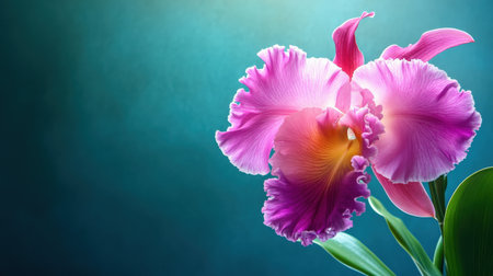 A vibrant Cattleya orchid with ruffled petals in shades of pink and purple, basking in natural lightの素材