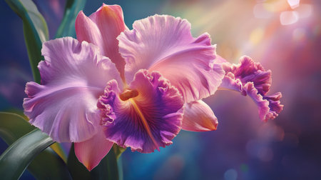 A vibrant Cattleya orchid with ruffled petals in shades of pink and purple, basking in natural lightの素材