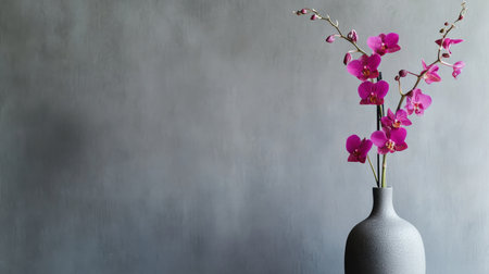 A delicate Dendrobium orchid in a minimalist vase, with its slender stems and vibrant purple flowersの素材