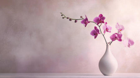 A delicate Dendrobium orchid in a minimalist vase, with its slender stems and vibrant purple flowersの素材