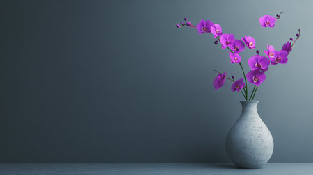 A delicate Dendrobium orchid in a minimalist vase, with its slender stems and vibrant purple flowersの素材