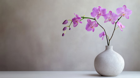 A delicate Dendrobium orchid in a minimalist vase, with its slender stems and vibrant purple flowersの素材