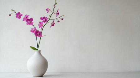 A delicate Dendrobium orchid in a minimalist vase, with its slender stems and vibrant purple flowersの素材