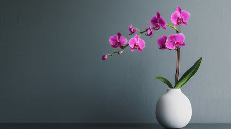 A delicate Dendrobium orchid in a minimalist vase, with its slender stems and vibrant purple flowersの素材