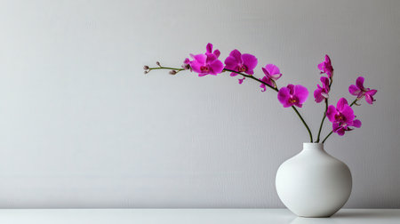 A delicate Dendrobium orchid in a minimalist vase, with its slender stems and vibrant purple flowersの素材
