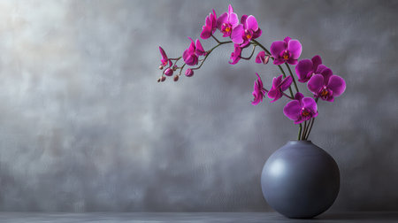 Purple orchids in vase on gray wall background.の素材