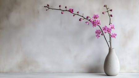 Vase with beautiful pink orchids on white wooden table.の素材