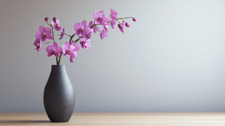 Purple orchid in vase on wooden table and grey backgroundの素材