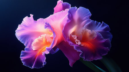 A vibrant Cattleya orchid with ruffled petals in shades of pink and purple, basking in natural lightの素材