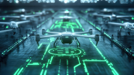 A drone view of a futuristic airport where autonomous planes follow glowing green holographic flight routesの素材