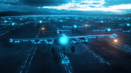A futuristic airstrip where planes and drones navigate through neon blue holographic flight markers in the skyの素材