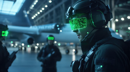 A team of engineers tracking air freight cargo in a smart city using neon green holographic systemsの素材