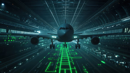 A cargo jet flying through neon green holographic flight paths over a futuristic smart airportの素材