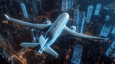 A cargo jet flying through neon blue holographic flight paths over a futuristic smart cityの素材