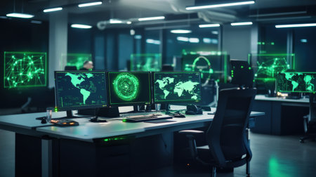 A digital command center monitoring the global air freight network using neon green holographic screensの素材