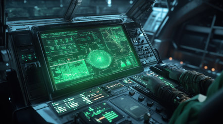 A holographic dashboard showing real-time flight paths and cargo data in a futuristic cockpit bathed in neon greenの素材