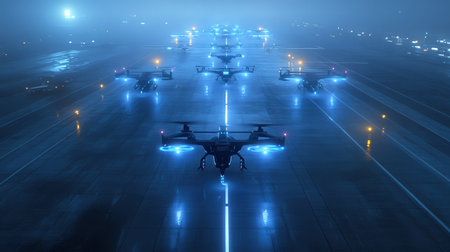 A drone view of a futuristic airstrip where planes and drones are guided by glowing blue holographic markersの素材