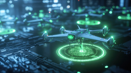 A team of engineers controlling an entire fleet of autonomous air freighters using glowing green holographic systemsの素材