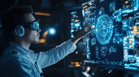 A pilot interacting with a floating neon blue holographic interface to monitor cargo and route dataの素材