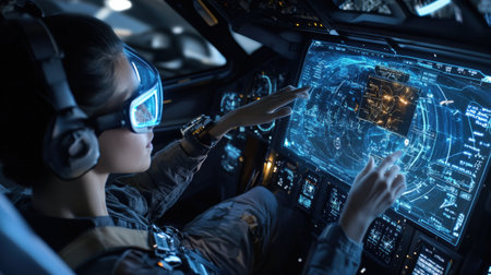 A pilot interacting with a floating neon blue holographic interface to monitor cargo and route dataの素材