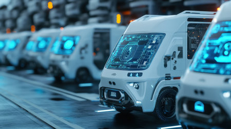 A fleet of driverless delivery vans navigating a smart city using neon blue holographic route dataの素材