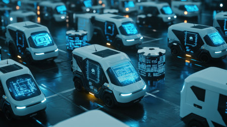 A fleet of driverless delivery vans navigating a smart city using neon blue holographic route dataの素材