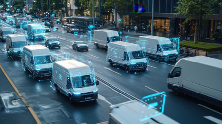 A fleet of driverless delivery vans navigating a smart city using neon blue holographic route dataの素材