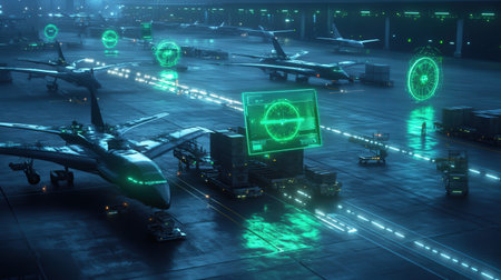 A sci-fi air cargo terminal where planes are loaded by drones guided by neon green holographic interfacesの素材