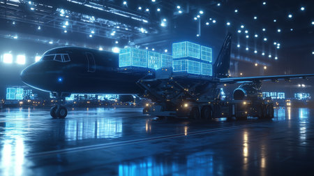 An AI-powered cargo plane loading crates through neon blue holographic markers in a sci-fi airstripの素材