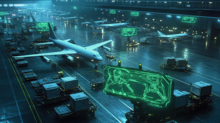 A sci-fi air cargo terminal where planes are loaded by drones guided by neon green holographic interfacesの素材