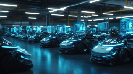 A control room filled with neon blue holograms managing an entire fleet of autonomous land transportation vehiclesの素材
