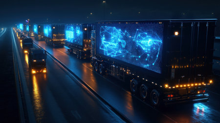A fleet of autonomous cargo trucks navigating a futuristic highway lit by neon blue hologramsの素材