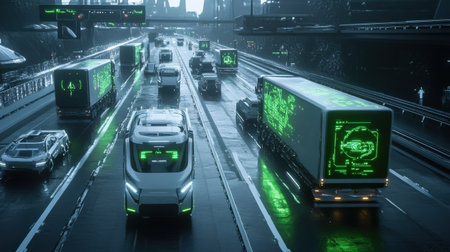 A futuristic highway with neon green holographic signs guiding driverless cargo trucks and vehiclesの素材